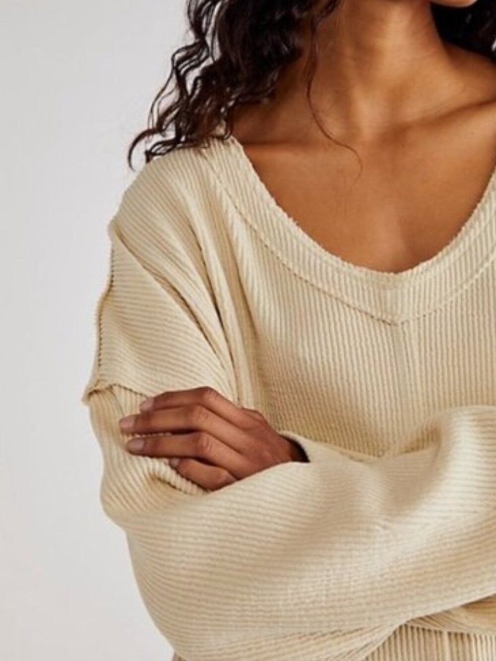 Free People Ribbed Slouchy V-Neck Tunic Sweater Cream Ivory Size S-L